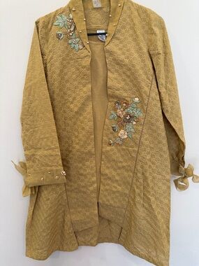 Pakistani Mustard Embroidered Trench Coat with Bead Accents